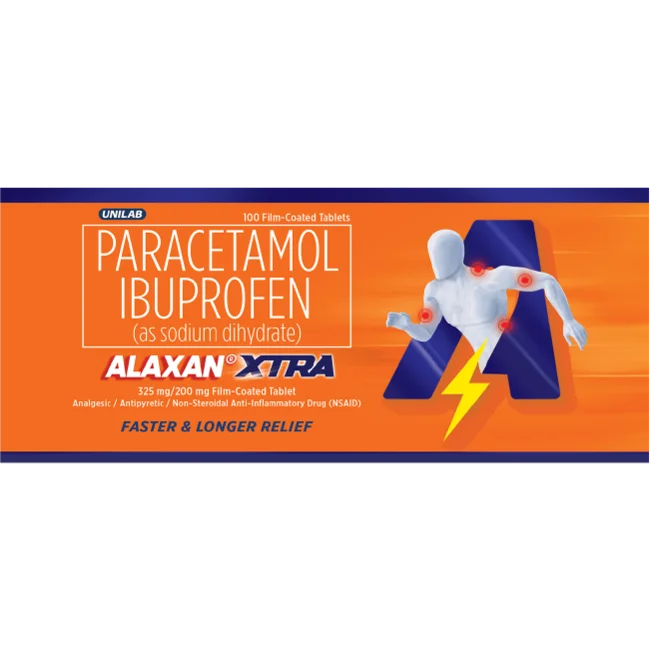 Alaxan XTRA 100 Caplets, Pain Reliever with Ibuprofen & Paracetamol - For Body Aches, FASTER & LONGE