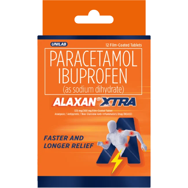 Alaxan XTRA 12 Caplets, Pain Reliever with Ibuprofen & Paracetamol - For Body Aches, FASTER & LONGER