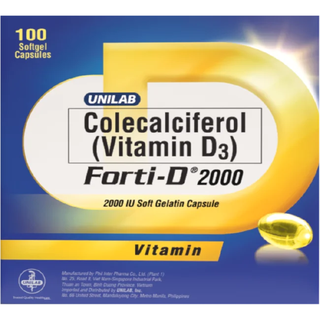 Unilab Forti-D 2000IU 100 Capsules - For Treatment of Vitamin D Deficiency to Improve Sleep, Mobilit